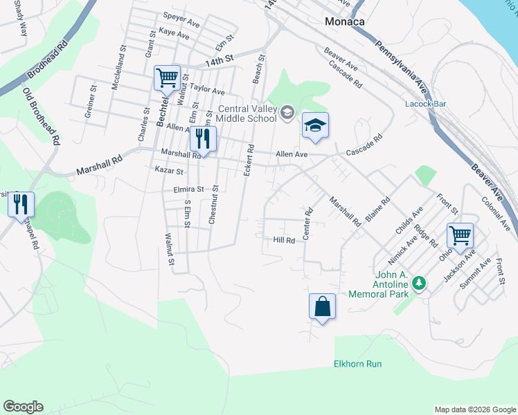 map of restaurants, bars, coffee shops, grocery stores, and more near 1248 Cascade Rd in Monaca