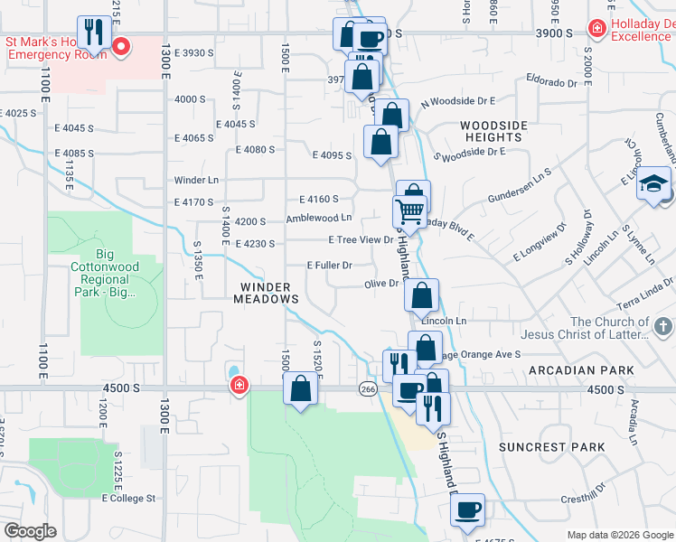 map of restaurants, bars, coffee shops, grocery stores, and more near 1586 East Fuller Drive in Salt Lake City