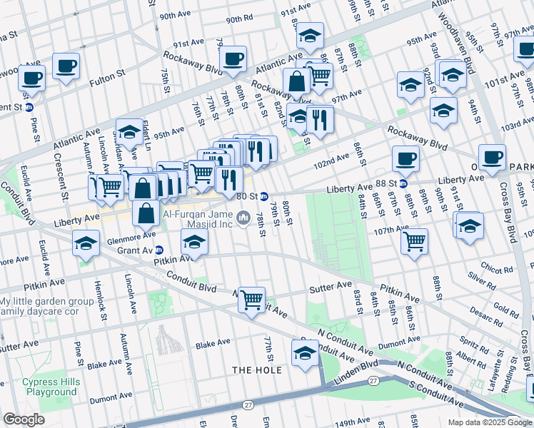 map of restaurants, bars, coffee shops, grocery stores, and more near 78-1 Glenmore Avenue in Queens