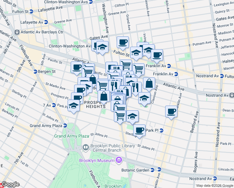 map of restaurants, bars, coffee shops, grocery stores, and more near Washington Avenue in Brooklyn