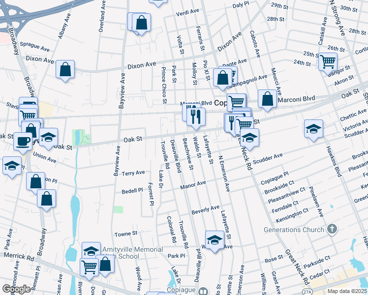 map of restaurants, bars, coffee shops, grocery stores, and more near 365 Beachview Street in Copiague