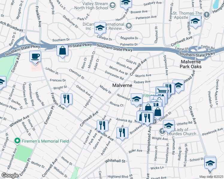 map of restaurants, bars, coffee shops, grocery stores, and more near 25 Clifford Court in Malverne