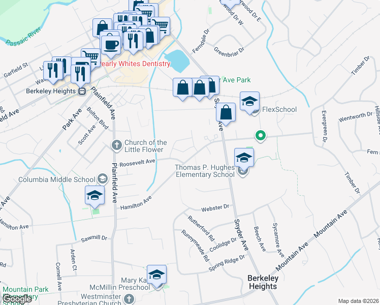 map of restaurants, bars, coffee shops, grocery stores, and more near 1 Franklin Court in Berkeley Heights