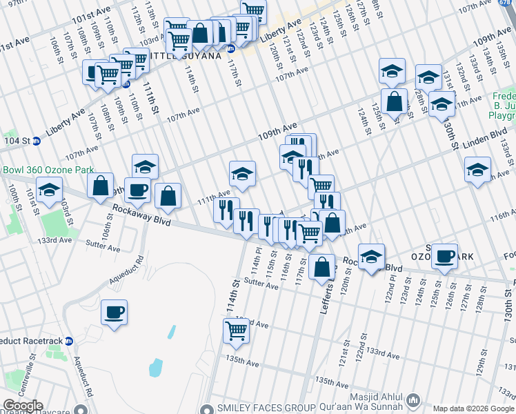 map of restaurants, bars, coffee shops, grocery stores, and more near 111-37 115th Street in Queens