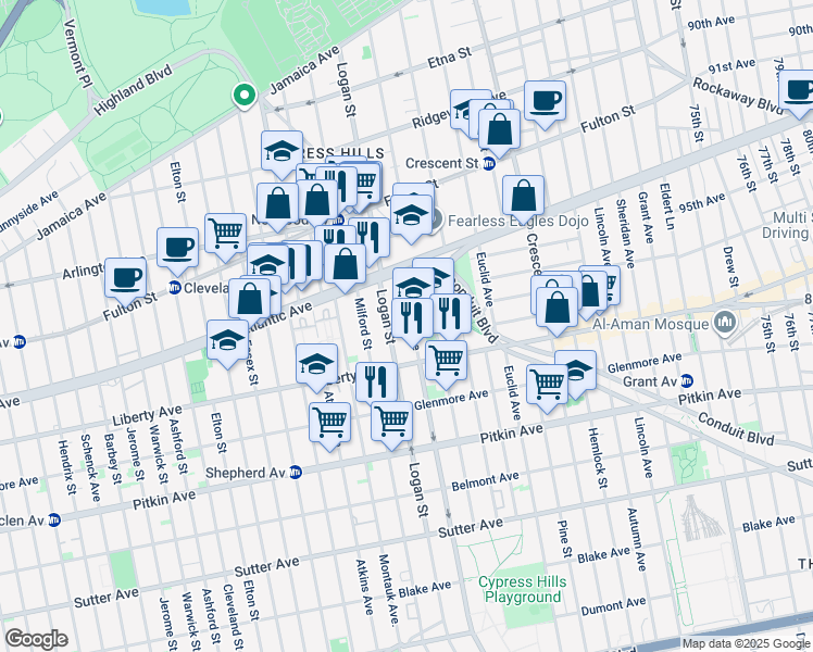 map of restaurants, bars, coffee shops, grocery stores, and more near 68 Fountain Avenue in Brooklyn