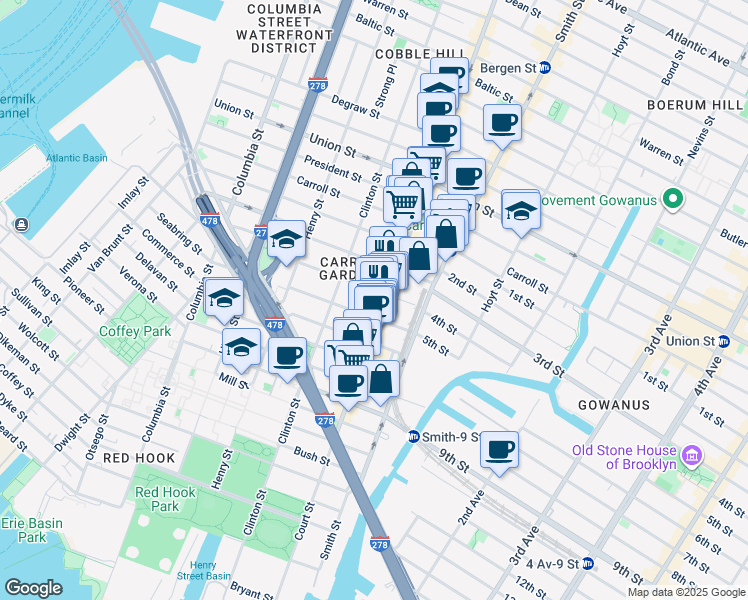 map of restaurants, bars, coffee shops, grocery stores, and more near 429 Court Street in Brooklyn