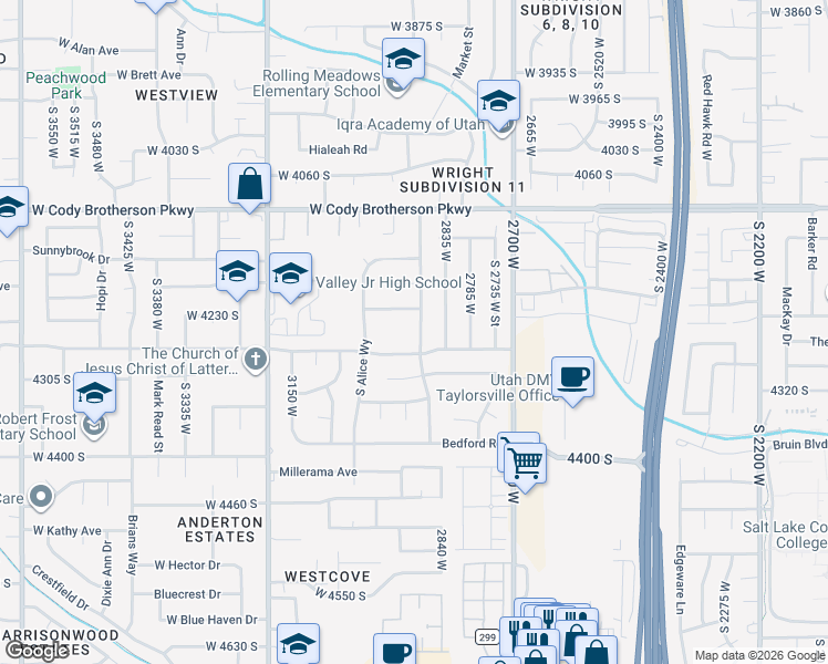 map of restaurants, bars, coffee shops, grocery stores, and more near 4248 South King Arthur Drive in West Valley City