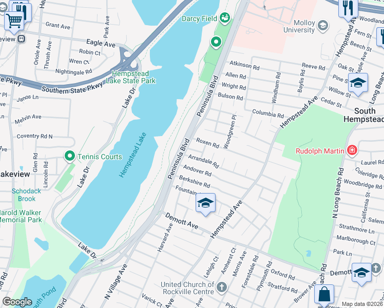 map of restaurants, bars, coffee shops, grocery stores, and more near 11 Arrandale Road in Rockville Centre