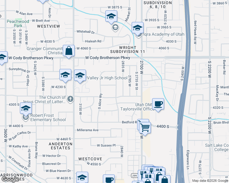 map of restaurants, bars, coffee shops, grocery stores, and more near 4248 South King Arthur Drive in West Valley City