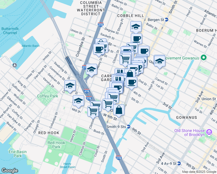 map of restaurants, bars, coffee shops, grocery stores, and more near 61 4th Place in Brooklyn