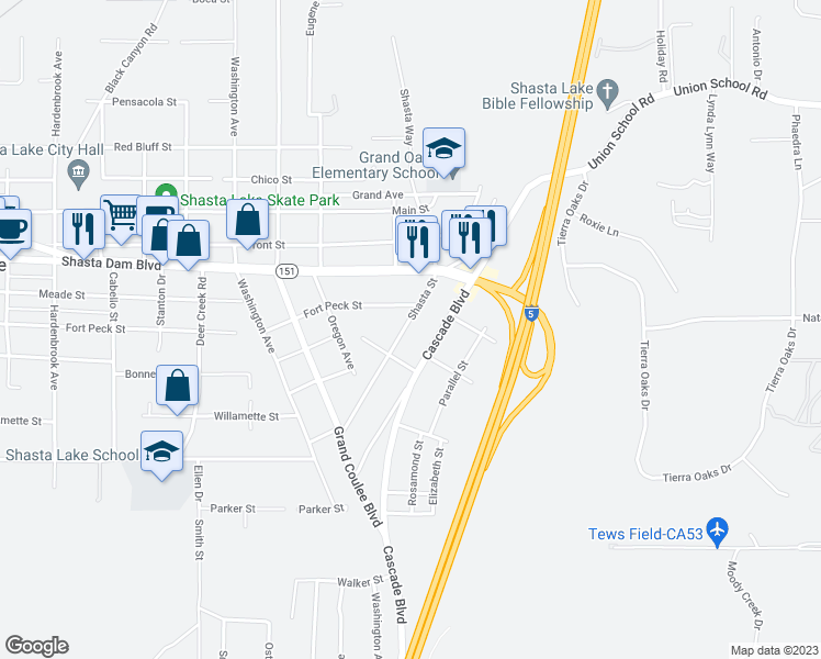 map of restaurants, bars, coffee shops, grocery stores, and more near 1827 Shasta Street in Shasta Lake