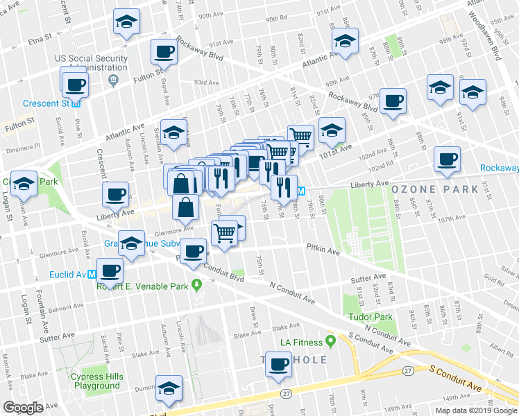 map of restaurants, bars, coffee shops, grocery stores, and more near 105-24 76th Street in Queens