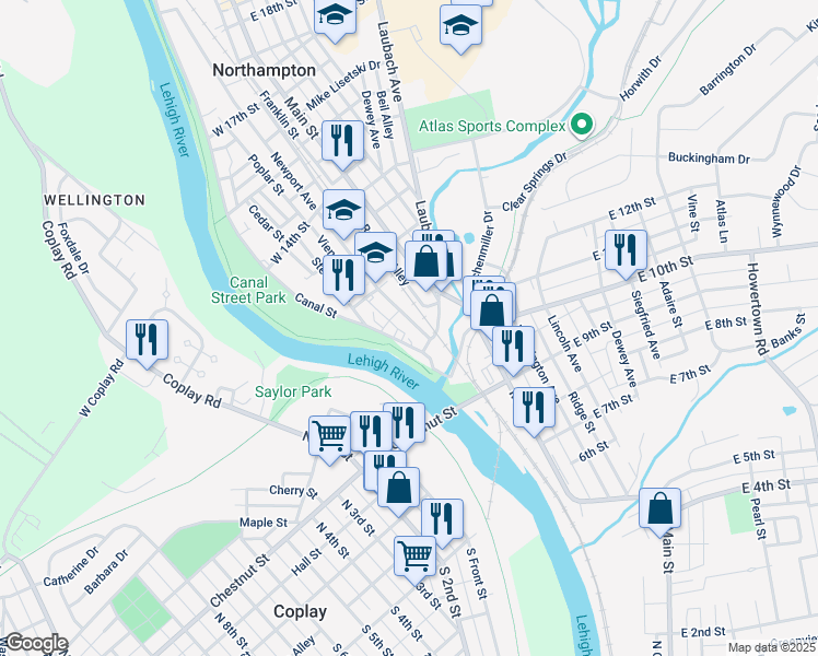 map of restaurants, bars, coffee shops, grocery stores, and more near 1224 Newport Avenue in Northampton