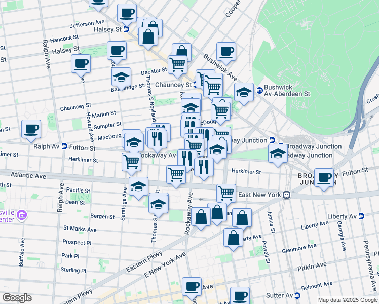 map of restaurants, bars, coffee shops, grocery stores, and more near 2057 Fulton Street in Brooklyn