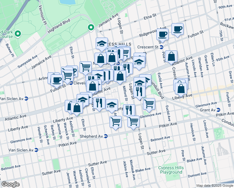 map of restaurants, bars, coffee shops, grocery stores, and more near 34 Montauk Avenue in Brooklyn