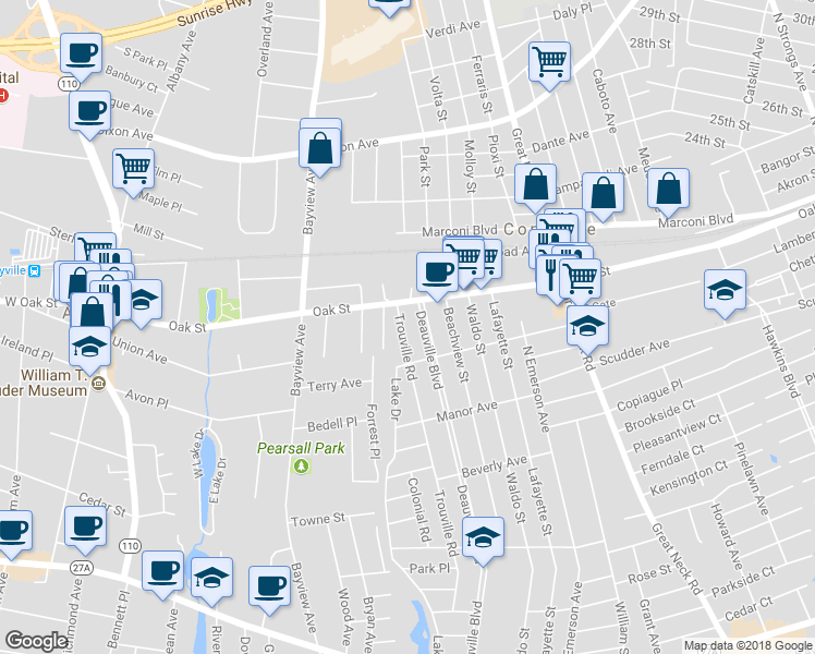map of restaurants, bars, coffee shops, grocery stores, and more near 296 Trouville Road in Copiague