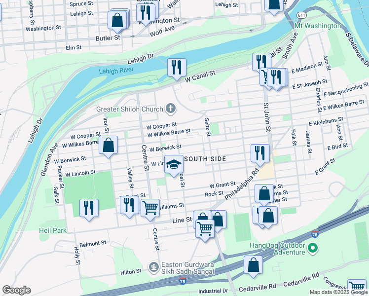 map of restaurants, bars, coffee shops, grocery stores, and more near 480 West Berwick Street in Easton
