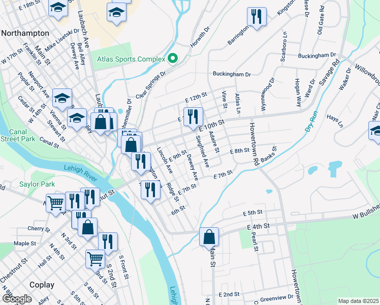 map of restaurants, bars, coffee shops, grocery stores, and more near 827 Dewey Avenue in Northampton