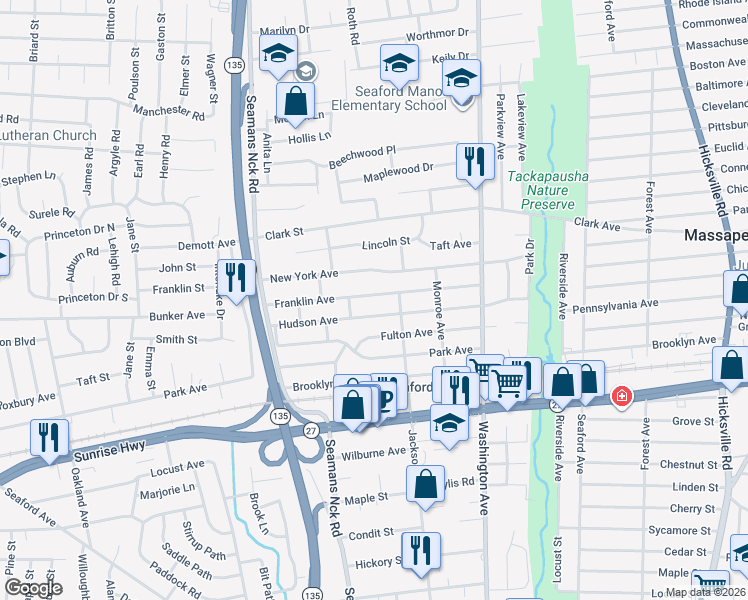 map of restaurants, bars, coffee shops, grocery stores, and more near 3878 Franklin Avenue in Seaford