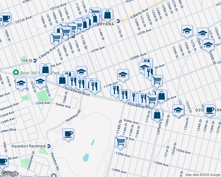map of restaurants, bars, coffee shops, grocery stores, and more near 111-11 112th Street in Queens