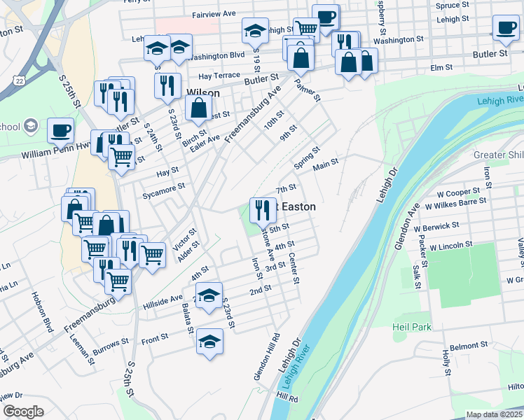 map of restaurants, bars, coffee shops, grocery stores, and more near 2311 6th Street in West Easton