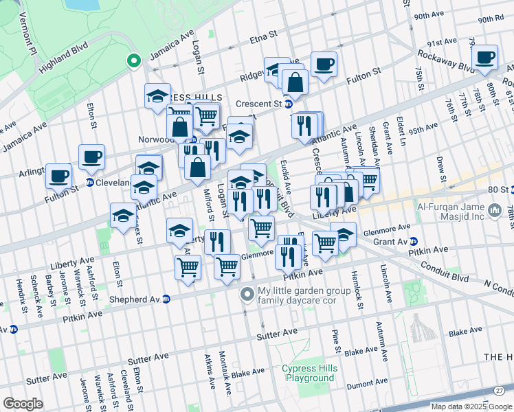 map of restaurants, bars, coffee shops, grocery stores, and more near 1940 Wells Street in Brooklyn