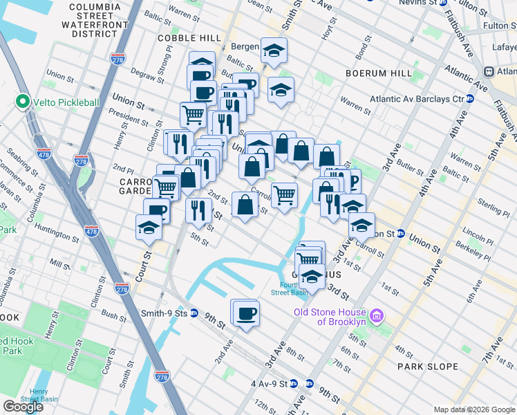 map of restaurants, bars, coffee shops, grocery stores, and more near 30 1st Street in Brooklyn
