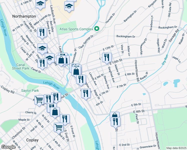 map of restaurants, bars, coffee shops, grocery stores, and more near 922 Dewey Avenue in Northampton