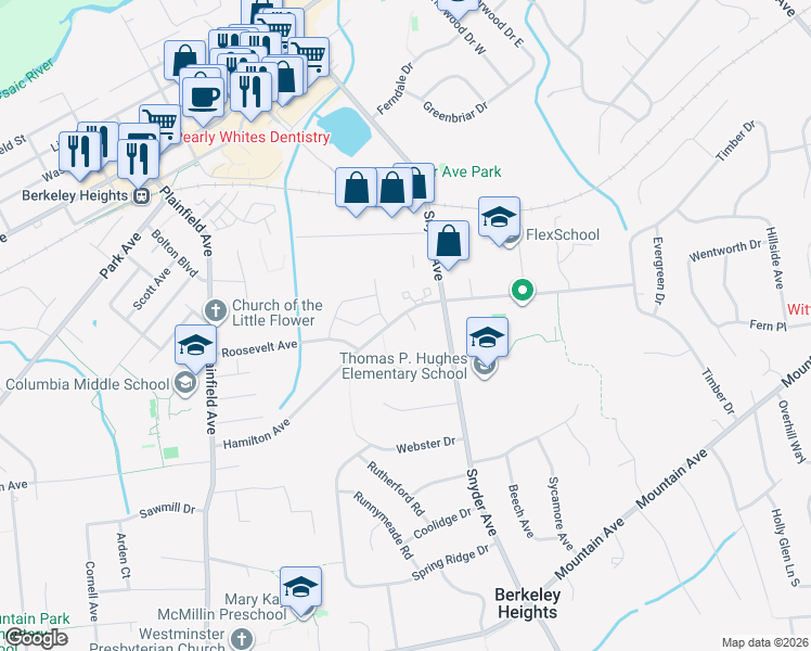 map of restaurants, bars, coffee shops, grocery stores, and more near 1 Franklin Court in Berkeley Heights