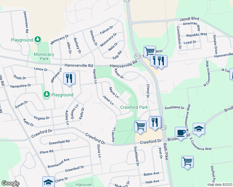map of restaurants, bars, coffee shops, grocery stores, and more near 4040 Maria Lane in Bethlehem