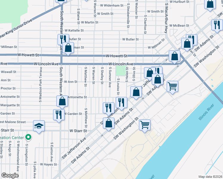 map of restaurants, bars, coffee shops, grocery stores, and more near 916 South Sumner Avenue in Peoria