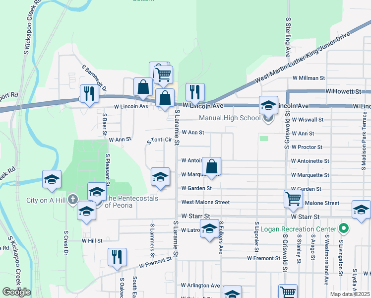 map of restaurants, bars, coffee shops, grocery stores, and more near 3026 West Proctor Street in Peoria
