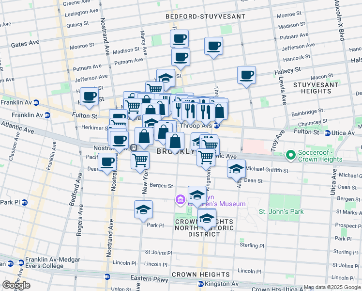 map of restaurants, bars, coffee shops, grocery stores, and more near 31 Brooklyn Avenue in Brooklyn