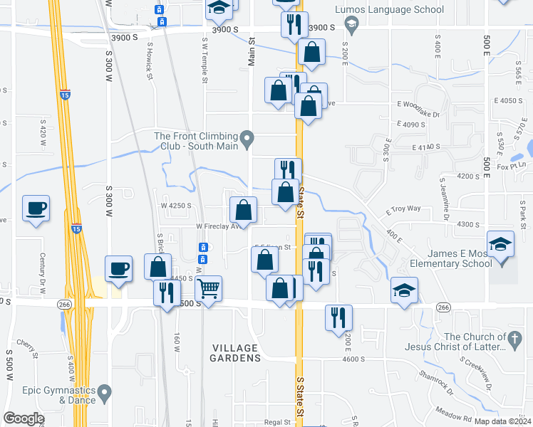 map of restaurants, bars, coffee shops, grocery stores, and more near 4277 South Main Street in Murray