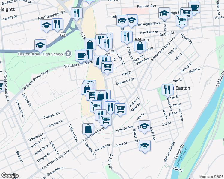 map of restaurants, bars, coffee shops, grocery stores, and more near 829 Miller St in Easton