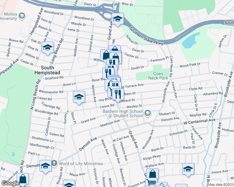 map of restaurants, bars, coffee shops, grocery stores, and more near 717 North William Street in Baldwin
