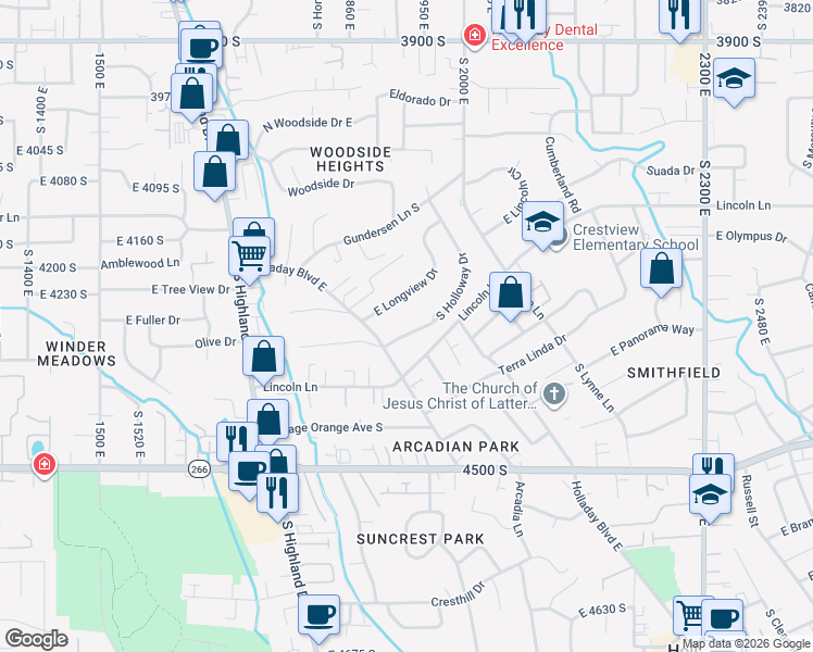 map of restaurants, bars, coffee shops, grocery stores, and more near 4288 South Holloway Drive in Holladay