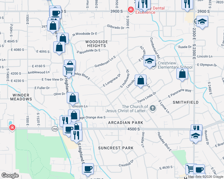 map of restaurants, bars, coffee shops, grocery stores, and more near 4288 South Holloway Drive in Holladay