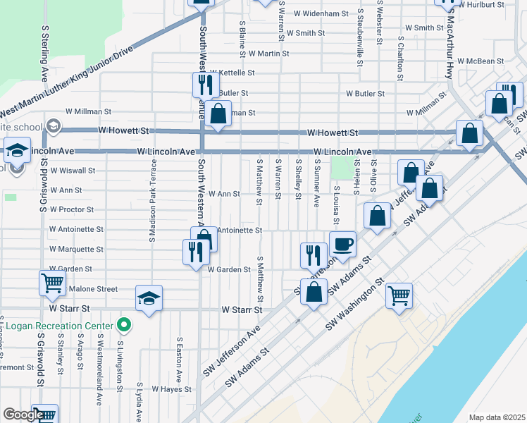 map of restaurants, bars, coffee shops, grocery stores, and more near 918 South Matthew Street in Peoria