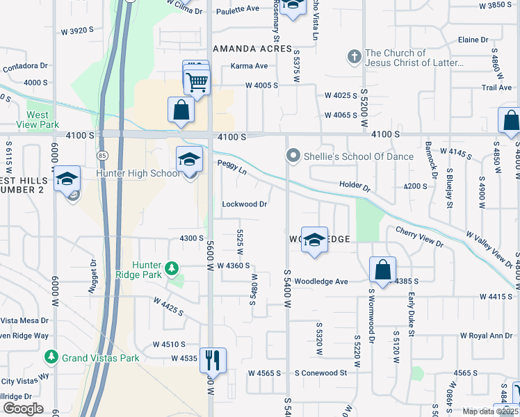 map of restaurants, bars, coffee shops, grocery stores, and more near 5457 Lockwood Drive in West Valley City