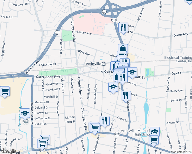 map of restaurants, bars, coffee shops, grocery stores, and more near 95 Ireland Place in Amityville