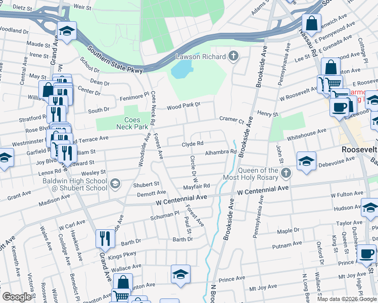 map of restaurants, bars, coffee shops, grocery stores, and more near 1334 Circle Drive West in Baldwin