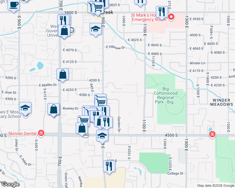 map of restaurants, bars, coffee shops, grocery stores, and more near 972 East Sagehill Drive in Millcreek