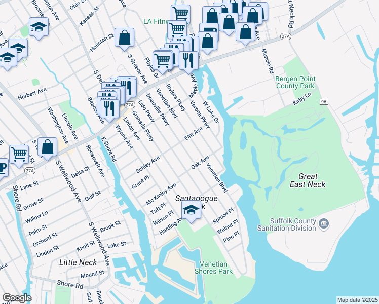 map of restaurants, bars, coffee shops, grocery stores, and more near 216 Deauville Parkway in Lindenhurst