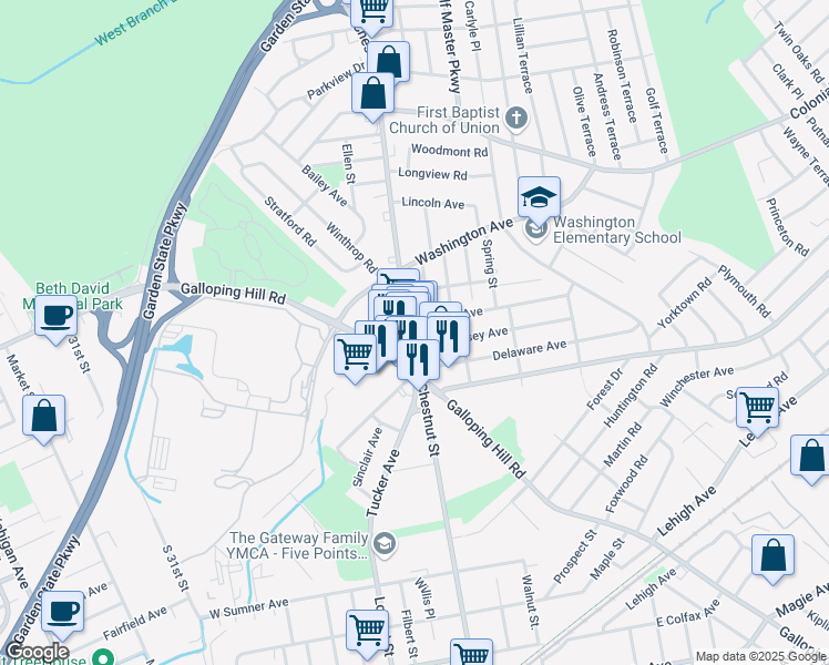 map of restaurants, bars, coffee shops, grocery stores, and more near 355 Chestnut Street in Union