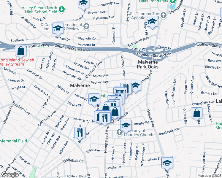 map of restaurants, bars, coffee shops, grocery stores, and more near 57 Lawrence Avenue in Malverne