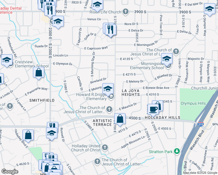 map of restaurants, bars, coffee shops, grocery stores, and more near 4275 Glenna Drive in Holladay