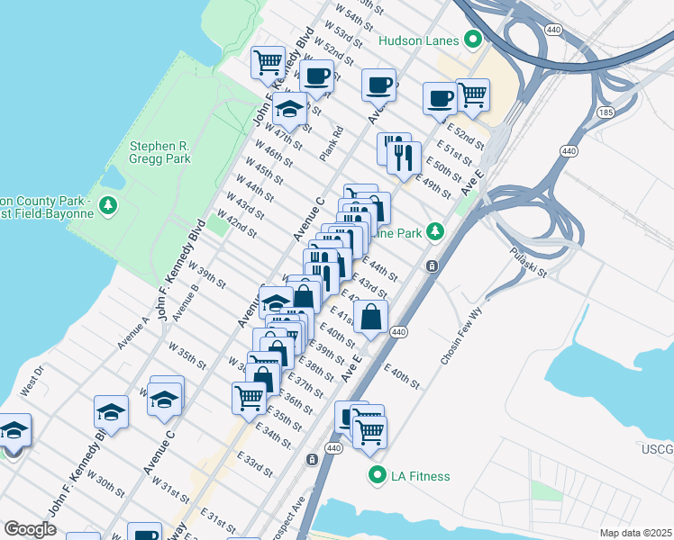 map of restaurants, bars, coffee shops, grocery stores, and more near 905 Broadway in Bayonne