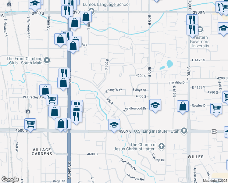 map of restaurants, bars, coffee shops, grocery stores, and more near 338 East Troy Way in Millcreek