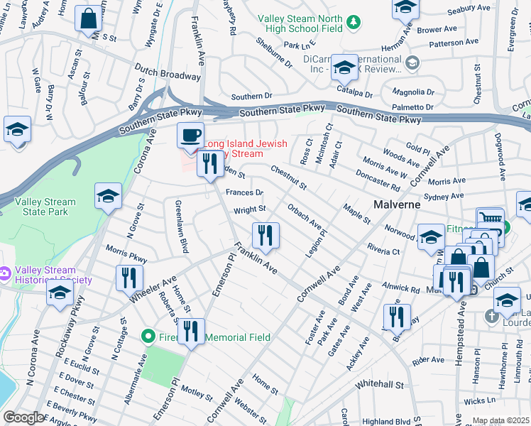 map of restaurants, bars, coffee shops, grocery stores, and more near 1180 Ambrose Avenue in Valley Stream
